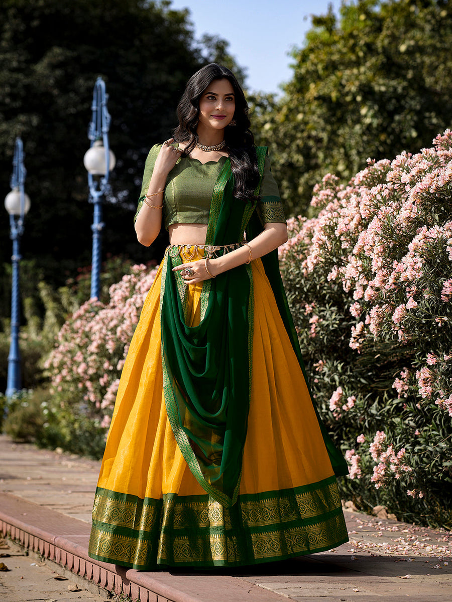 Yellow Kanchipuram silk lehenga choli with zari weaving