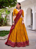 Yellow bandhej lehenga with gotta patti lace