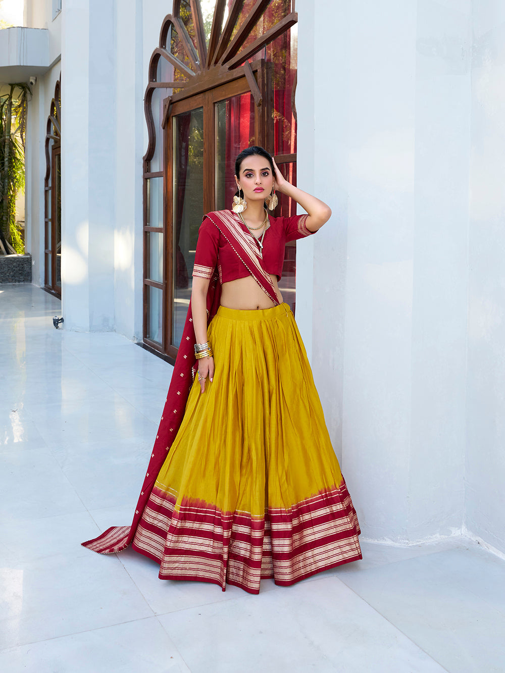 Yellow Color Plain With Zari Weaving Work border Pure Chanderi Lehenga Choli