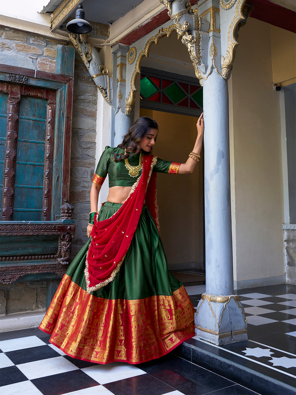 Green Color Zari Weaving Work Narayan Pattu Lehenga Choli