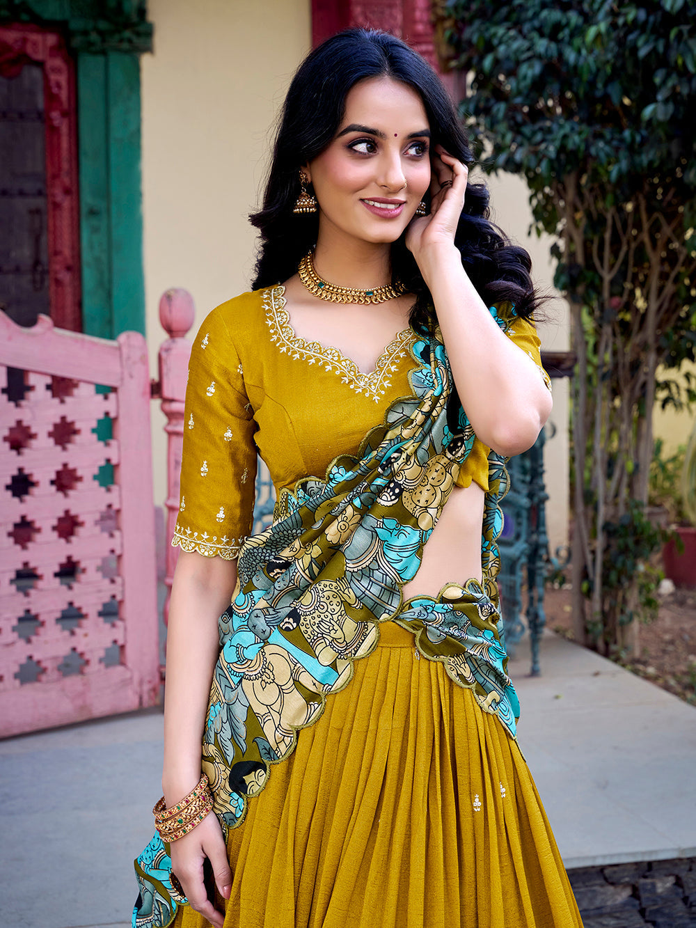 Mustard Color Sequins And Thread Embroidery Work Vichitra Silk Lehenga