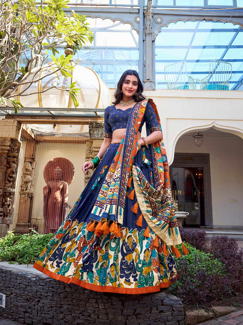 Navy Blue Color Kalamkari Print With Foil Work Tussar Silk Lehenga Choli