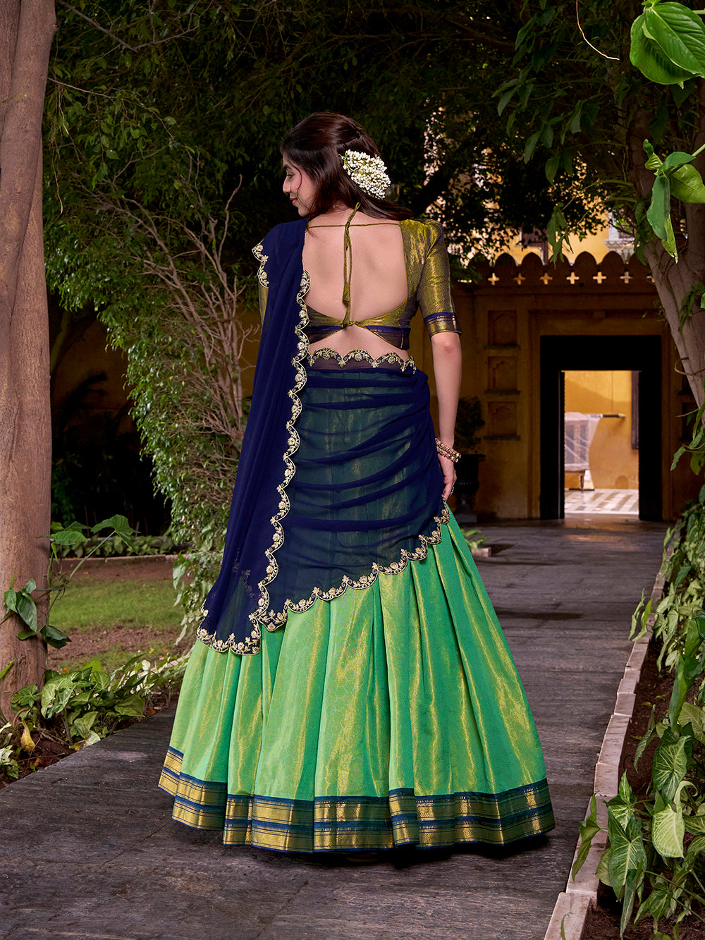 Navy blue georgette dupatta with sequins embroidery