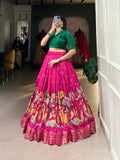 Pink Color Kalamkari Print With Zari Weaving Border Dola Silk Lehenga Choli