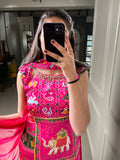 Pink Color Printed and Handwork Gaji Silk Kurti Plazo Set