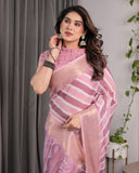 handloom linen saree in dusty pink with striped body and tribal pallu