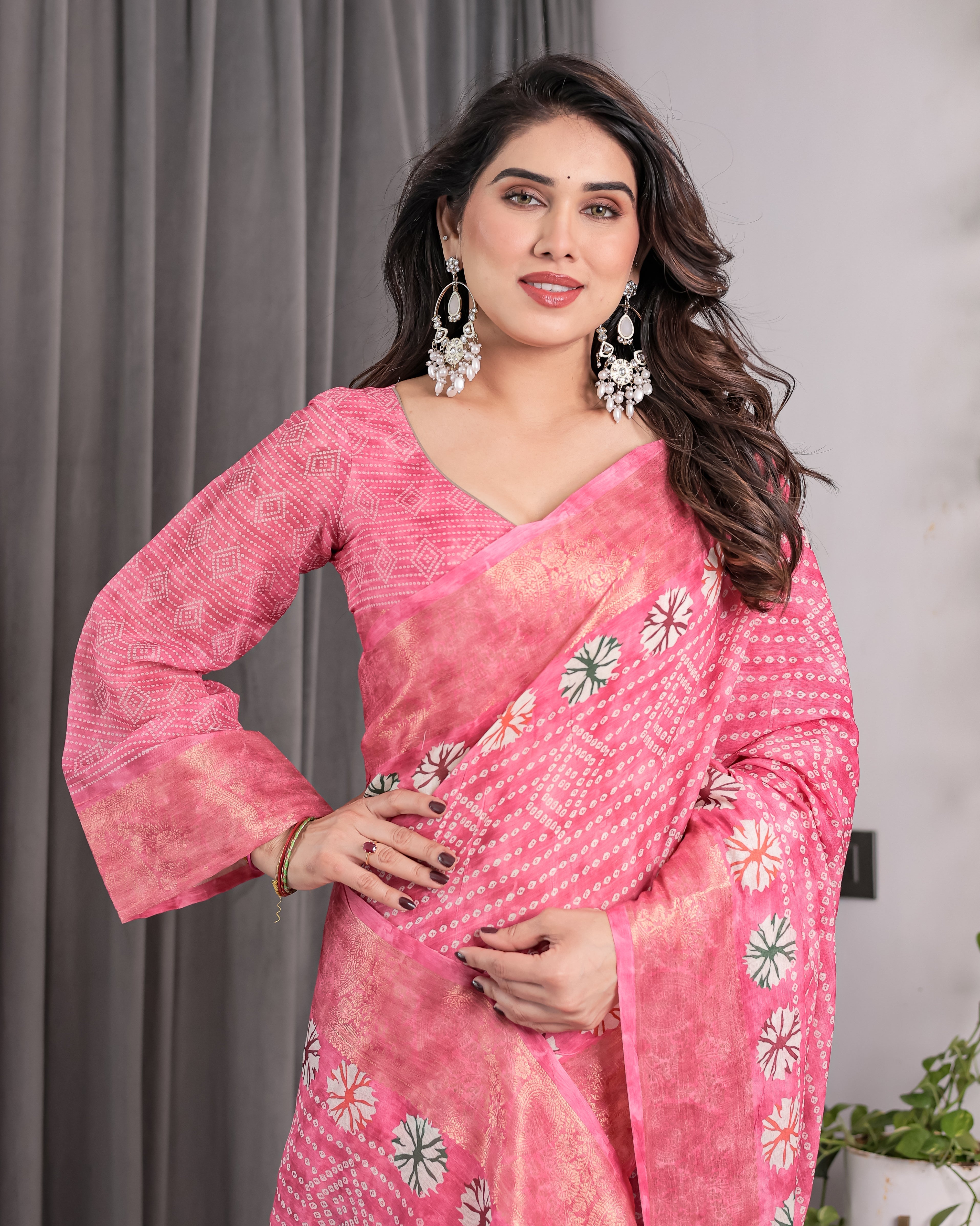 handloom linen saree in rose pink with bandhani inspired floral design