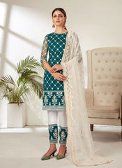 Heavy Butterfly Net Pakistani Embroidered Suit In Rama