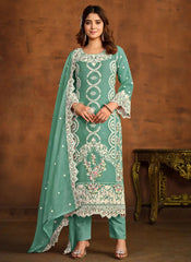 Heavy Embroidered Organza Straight Pakistani Suit In Green