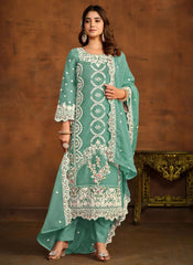 Heavy Embroidered Organza Straight Pakistani Suit In Green