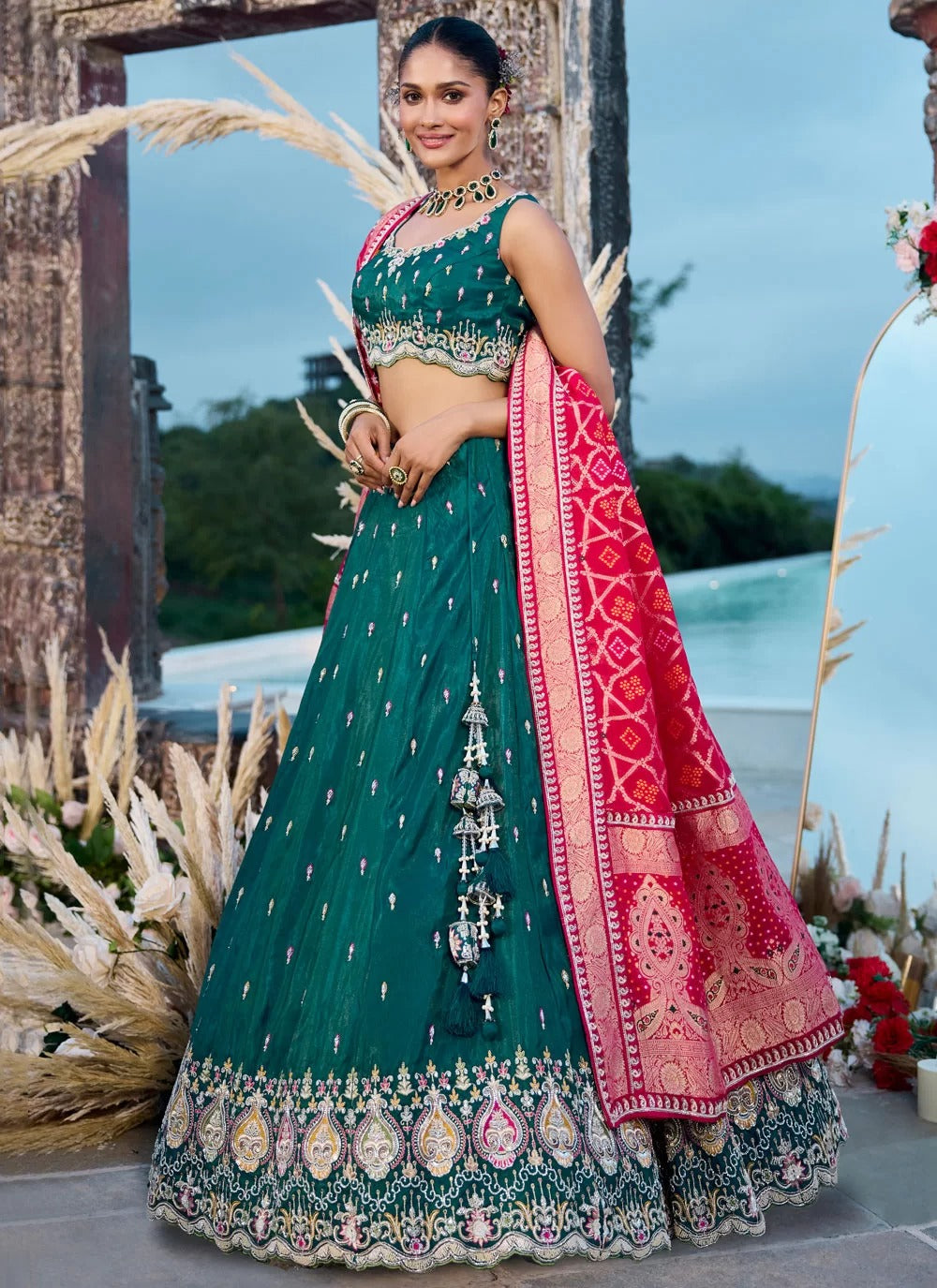 green cosmos silk lehenga with sequin & coding embroidery paired with red banarasi silk dupatta, perfect for marriage and wedding functions