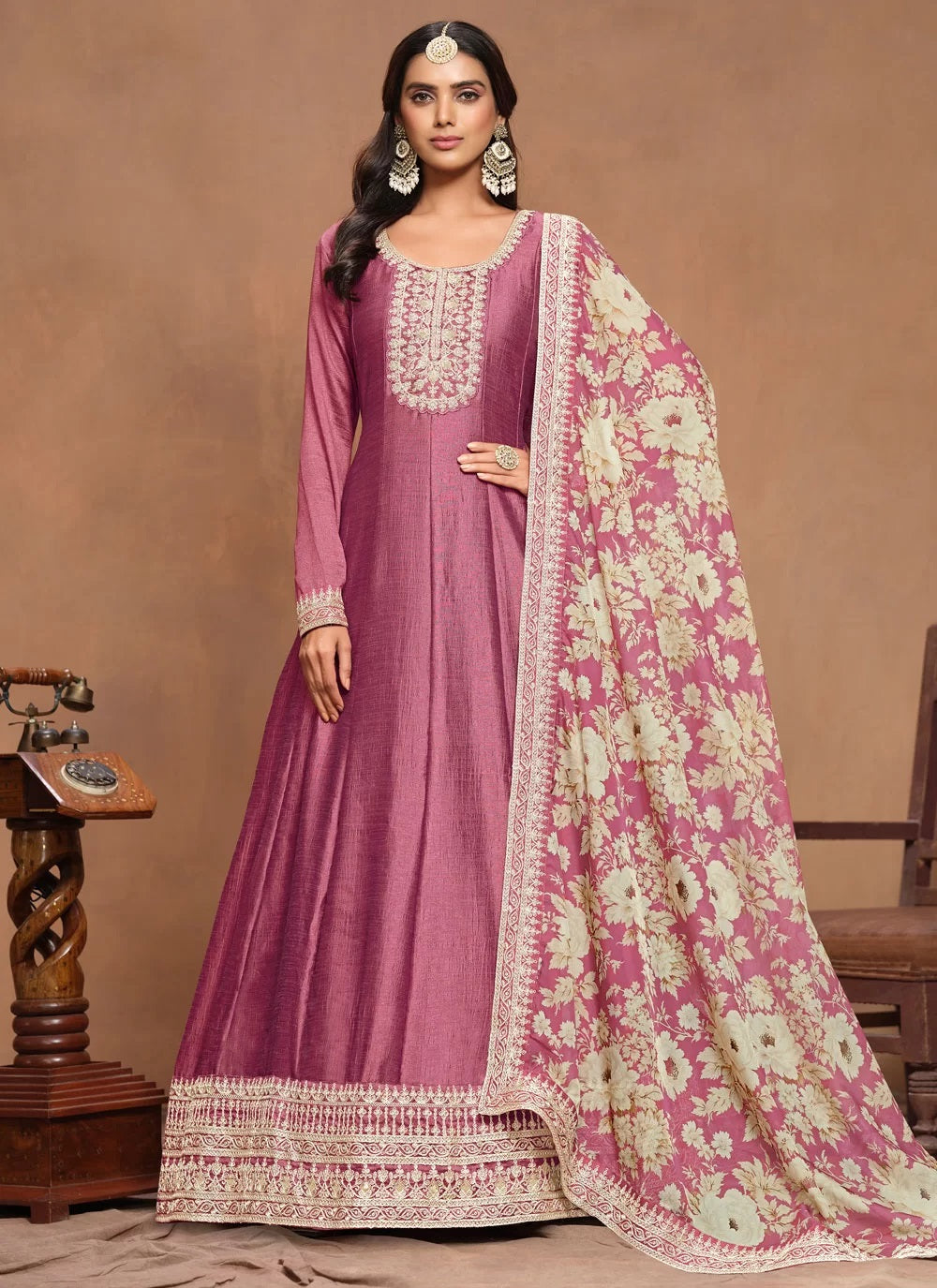 Hot Pink Art Silk Embroidered Anarkali Gown with Organza Dupatta