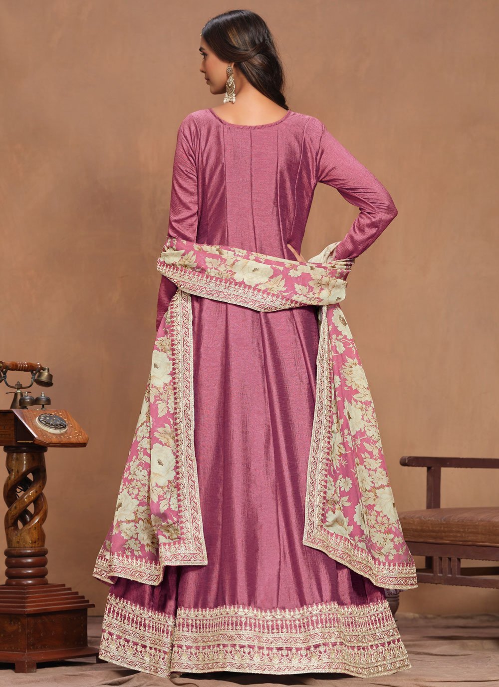 Hot Pink Art Silk Embroidered Anarkali Gown with Organza Dupatta