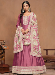 Hot Pink Art Silk Embroidered Anarkali Gown with Organza Dupatta