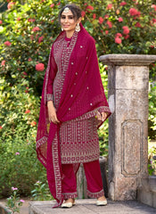 Elegant hot pink glory silk pant style suit with embroidered work and matching dupatta