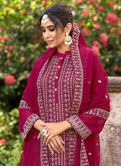 Hot Pink Glory Silk Pant Style Suit with Embroidery and Dupatta