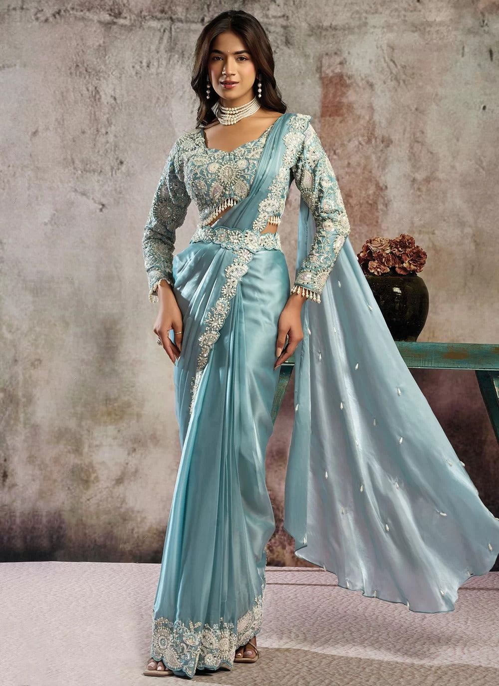 Ice blue lustrous satin ready to wear saree with sequins pearl mirror work