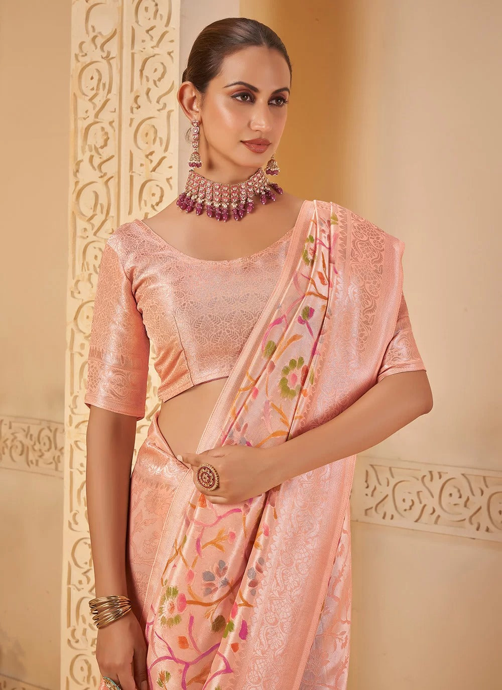 Graceful Peach Pink Mirracle Rangkat Saree with Floral Jaal Weaves