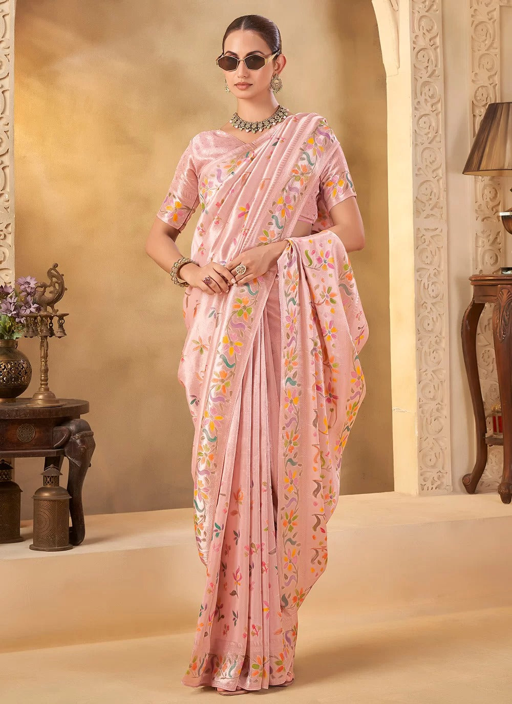 Soft Pink Designer Saree with Delicate Weave and Floral Motifs