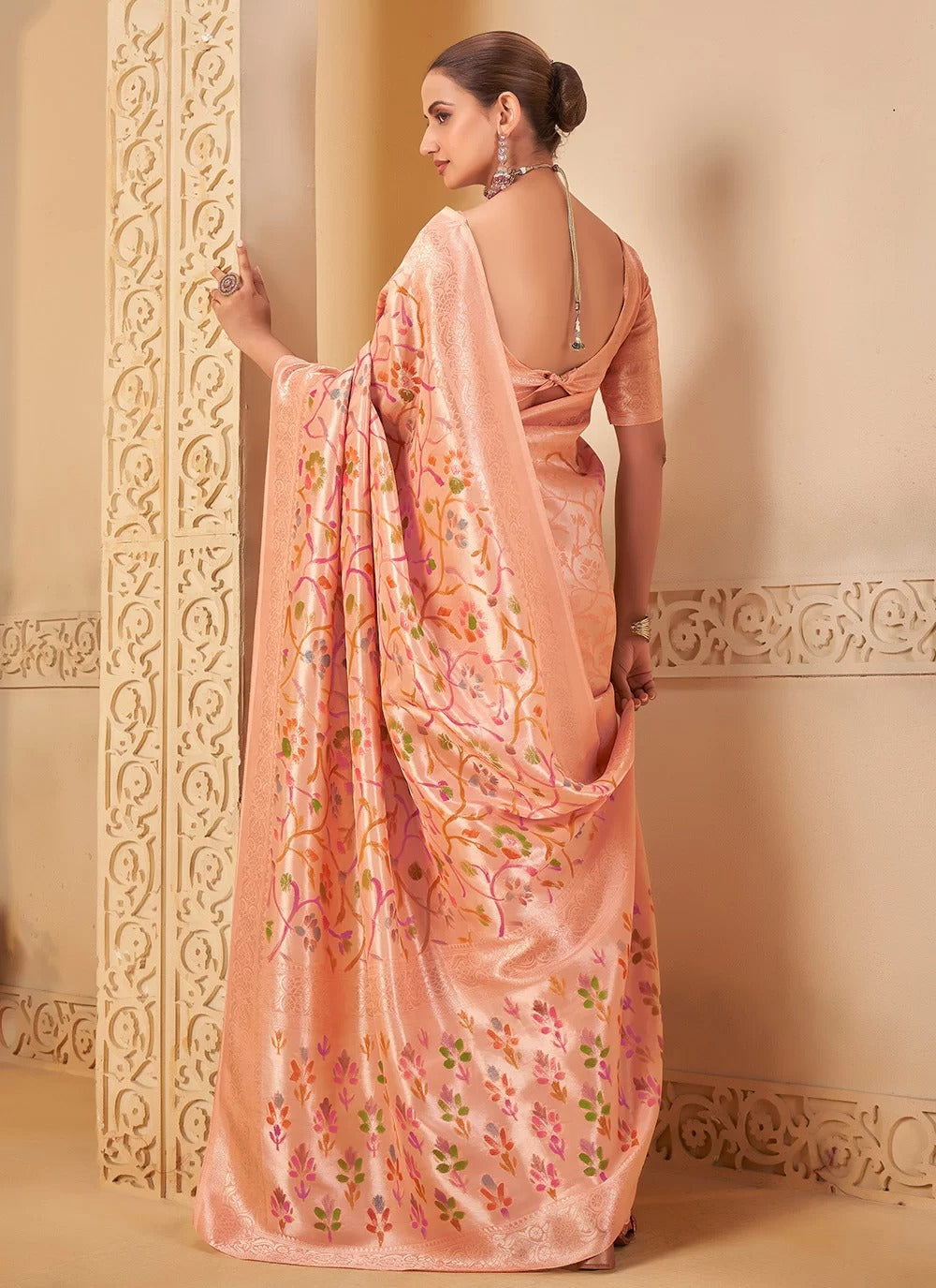 Graceful Peach Pink Mirracle Rangkat Saree with Floral Jaal Weaves