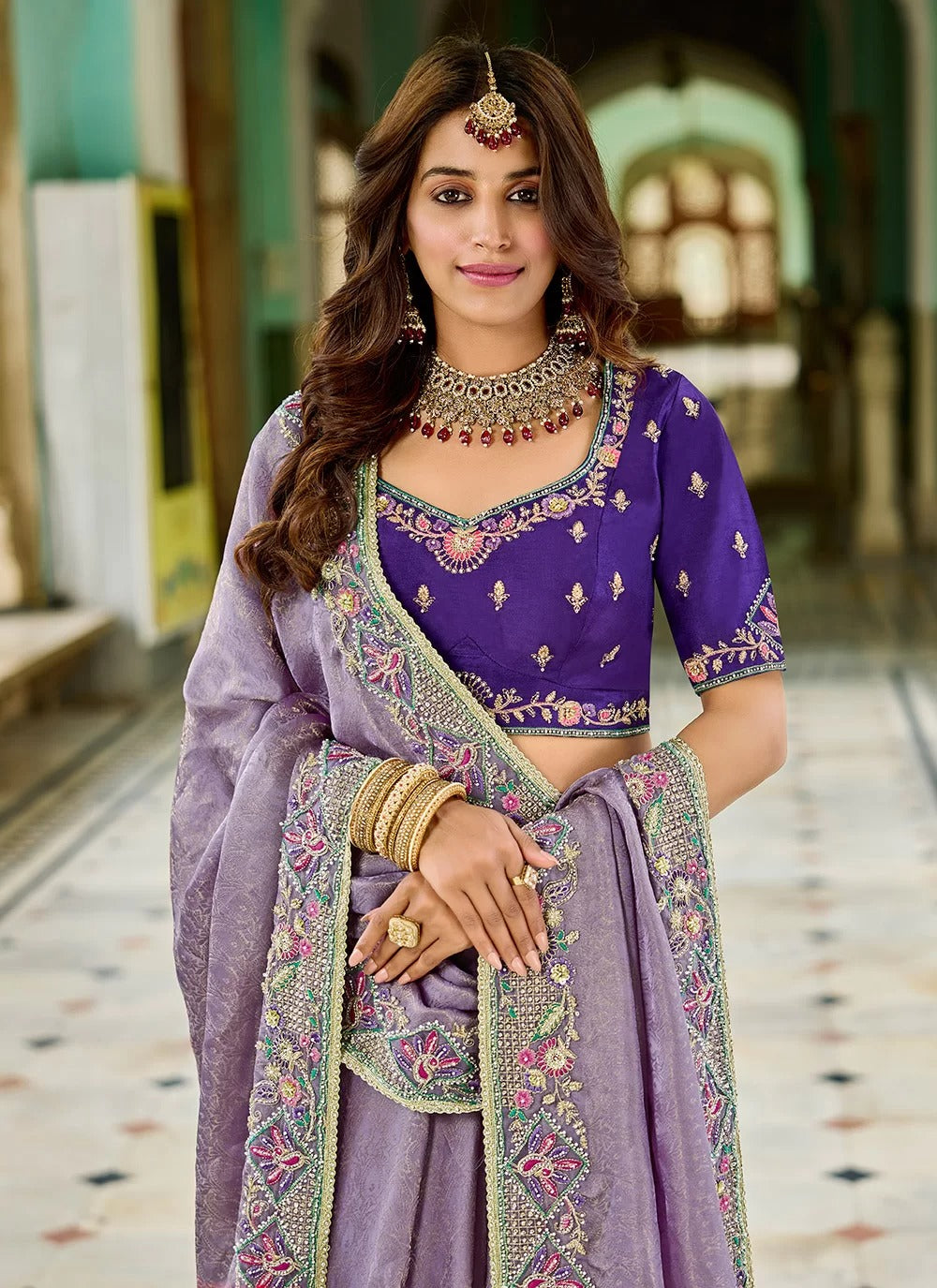 Graceful Lavender Silk Saree with Bead Embroidery and Contrast Blouse