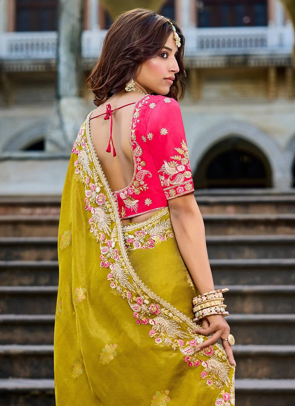 Luminous Mustard Yellow Silk Saree with Floral Embroidery and Pink Blouse