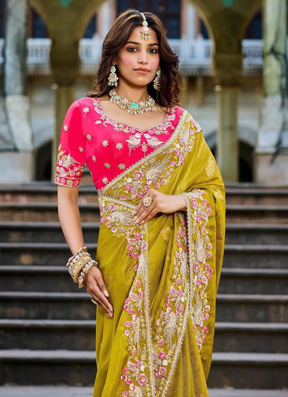 Luminous Mustard Yellow Silk Saree with Floral Embroidery and Pink Blouse