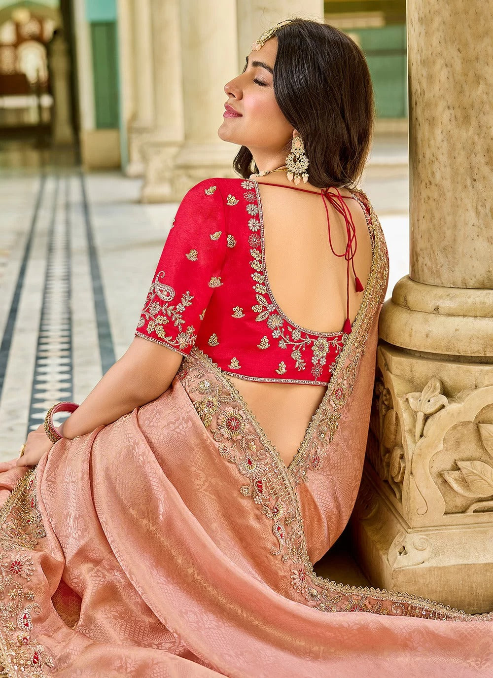 Peach & Red Designer Saree | Modern Ethnic Glamour for Festive Wear