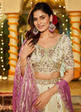 Ivory Tissue Lehenga Set with Contrast Pink Velvet Dupatta