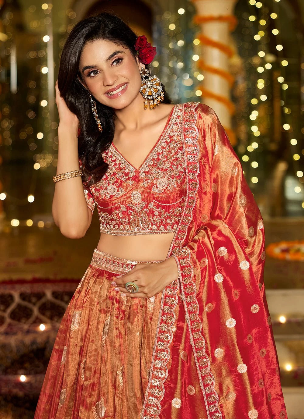 Rust Orange Tissue Lehenga Set with Rich Red Dupatta