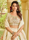 Elegant Cream Tusser Embroidered Lehenga Set with Peacock Motifs