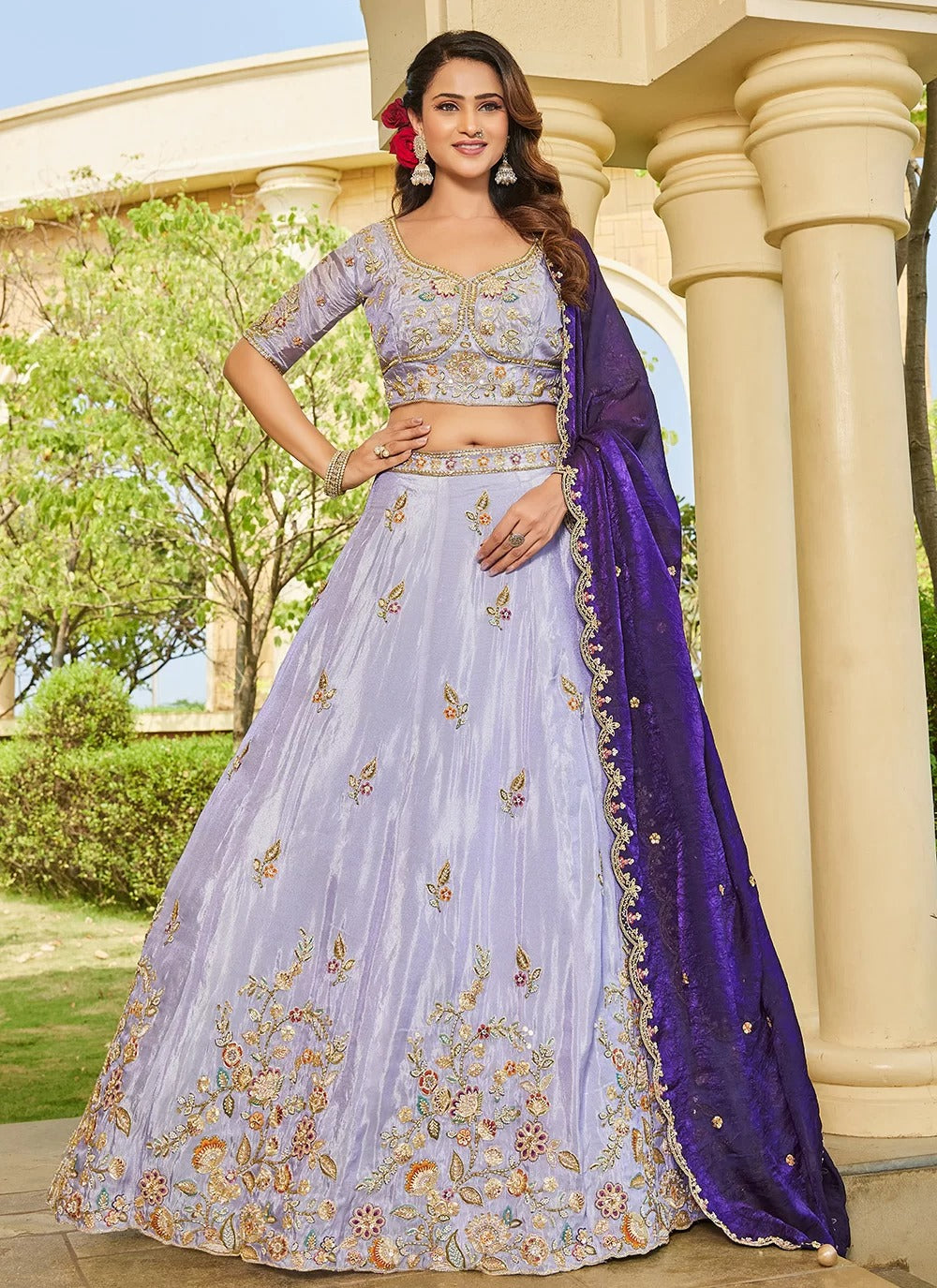 Charming Lavender Tissue Lehenga with Vibrant Contrast Dupatta