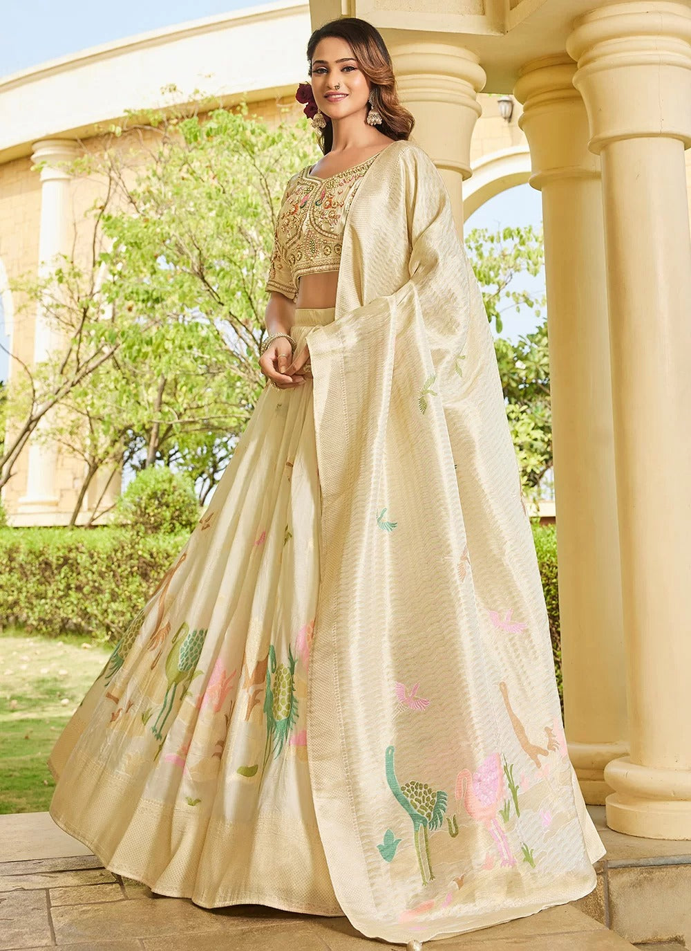 Elegant Cream Tusser Embroidered Lehenga Set with Peacock Motifs