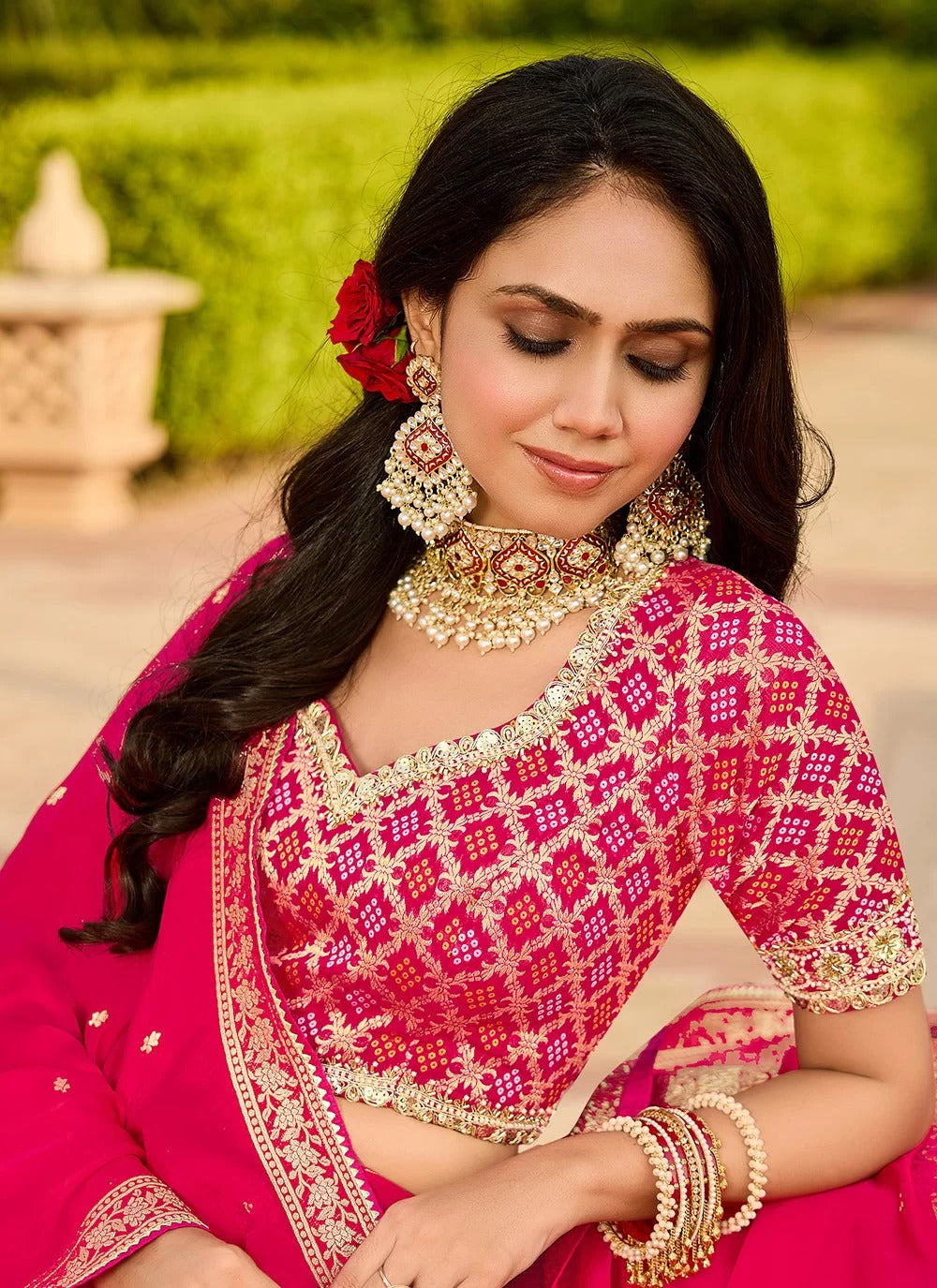 Vibrant Bright Pink Viscose Tissue Saree with Golden Embroidery