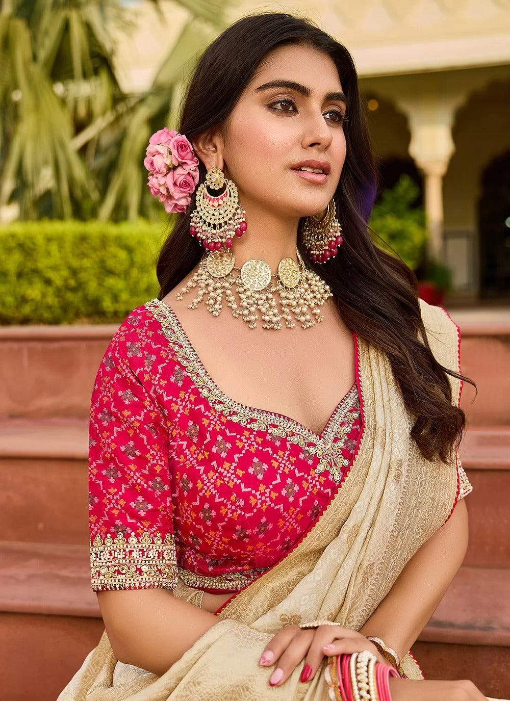 Premium Beige Saree with Pink Embroidered Blouse