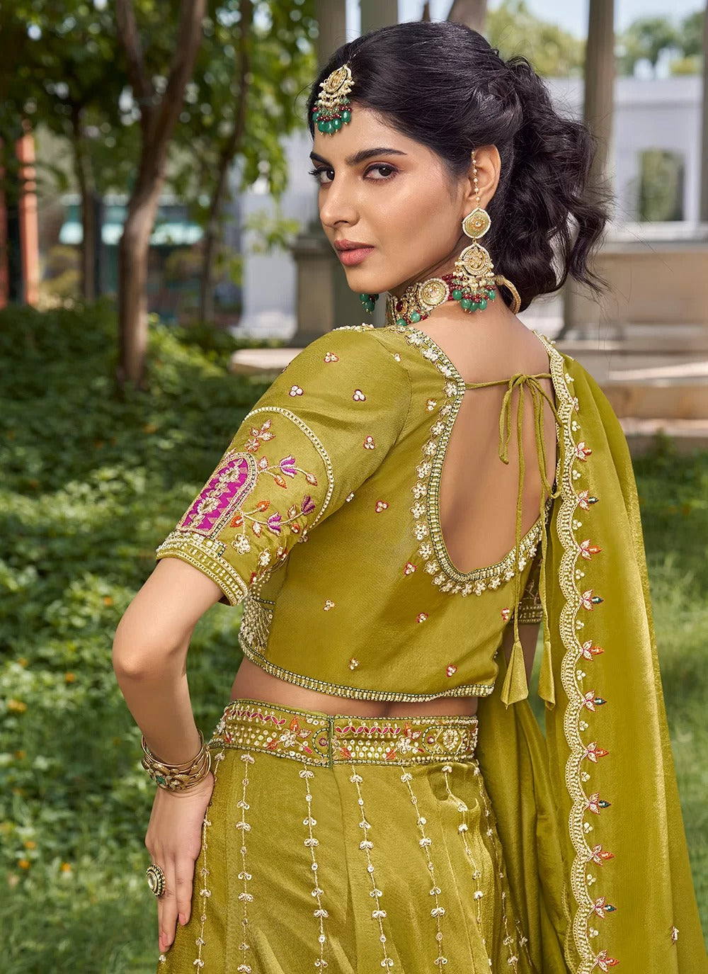 Elegant Mustard Green Tissue Lehenga Choli with Heavy Bead Work