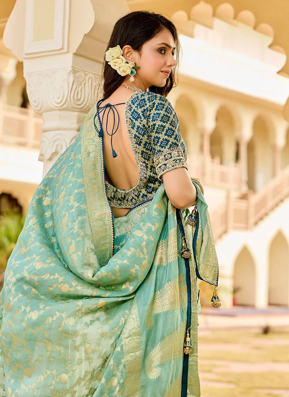 Serene Sea Green Viscose Tissue Saree with Golden Weaving