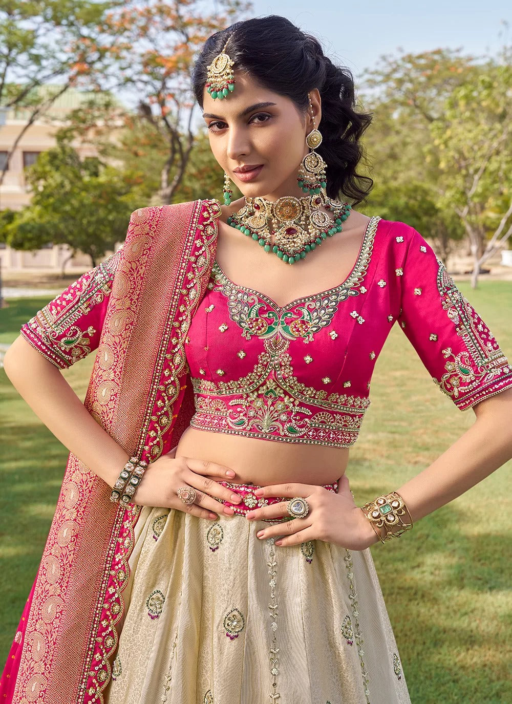 Graceful Beige Tissue Lehenga Choli with Heavy Bead Work
