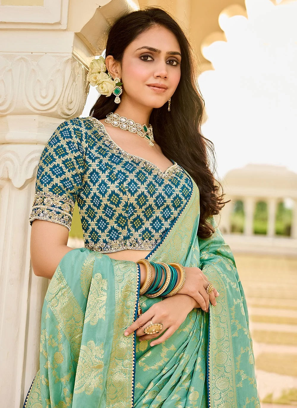 Serene Sea Green Viscose Tissue Saree with Golden Weaving