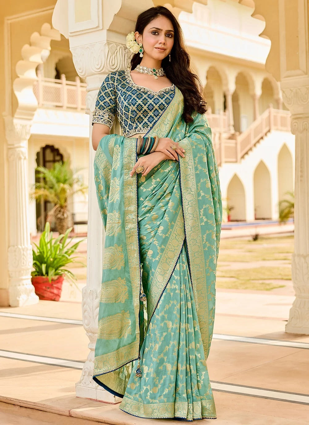Serene Sea Green Viscose Tissue Saree with Golden Weaving