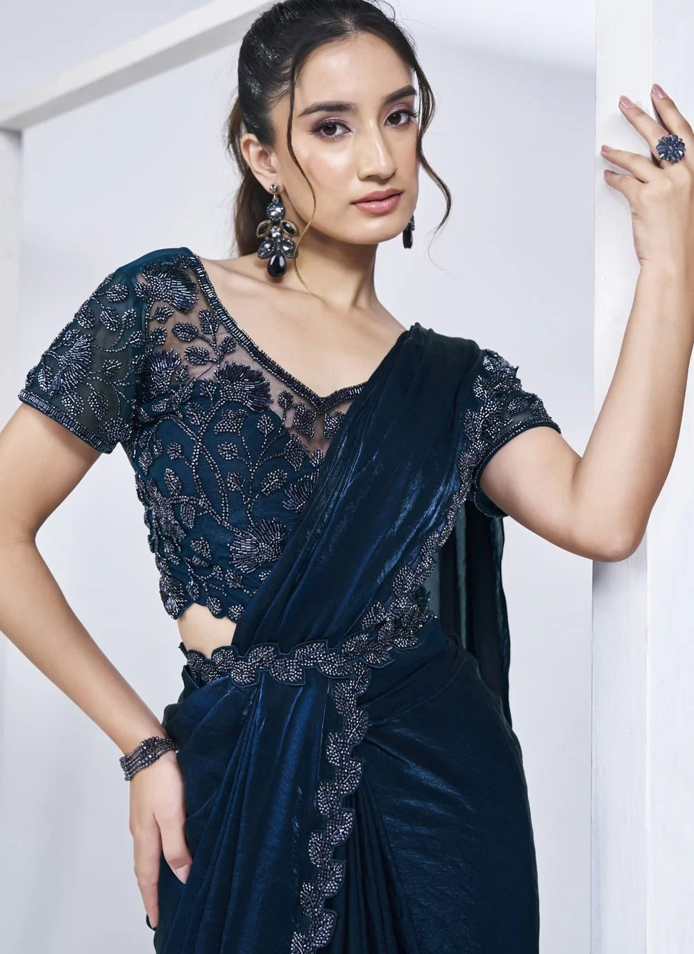 morpeach satin silk ready to wear one minute saree with handwork and stitched blouse, designer pre-stitched saree for weddings and parties