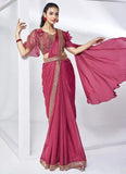 pink and rani satin silk ready to wear saree with handwork, designer pre-stitched saree for party and festive wear