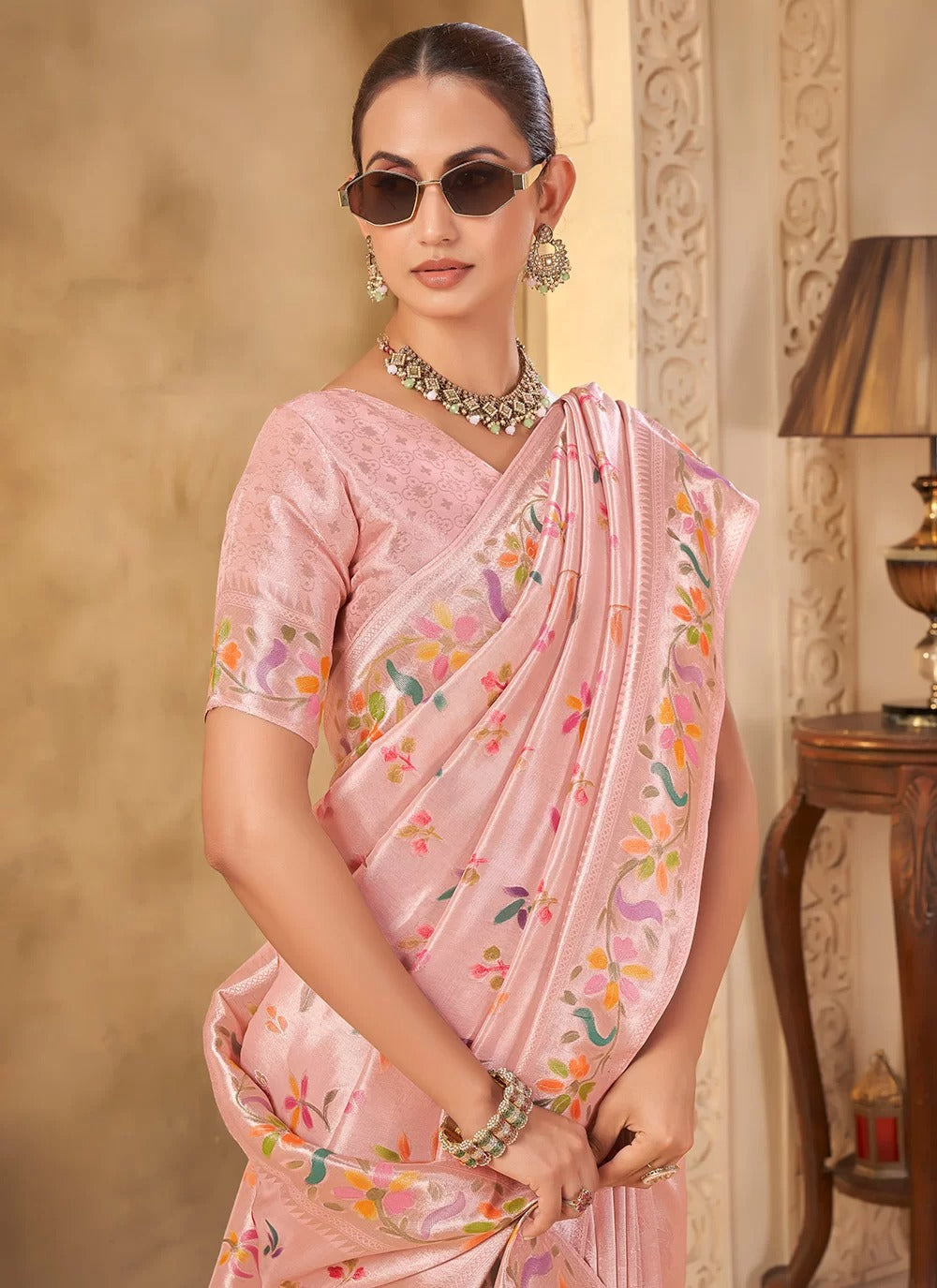 Soft Pink Designer Saree with Delicate Weave and Floral Motifs