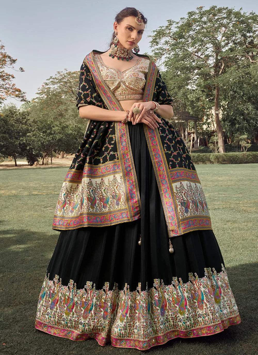Statement black silk lehenga choli with beads & sequin patchwork