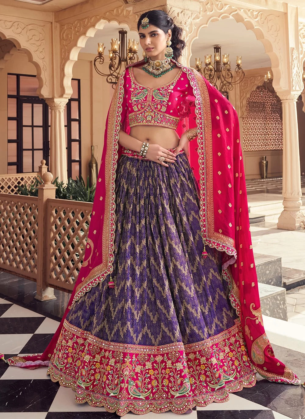 Festive Purple Lehenga with Heavy Border Embroidery & Pink Dupatta