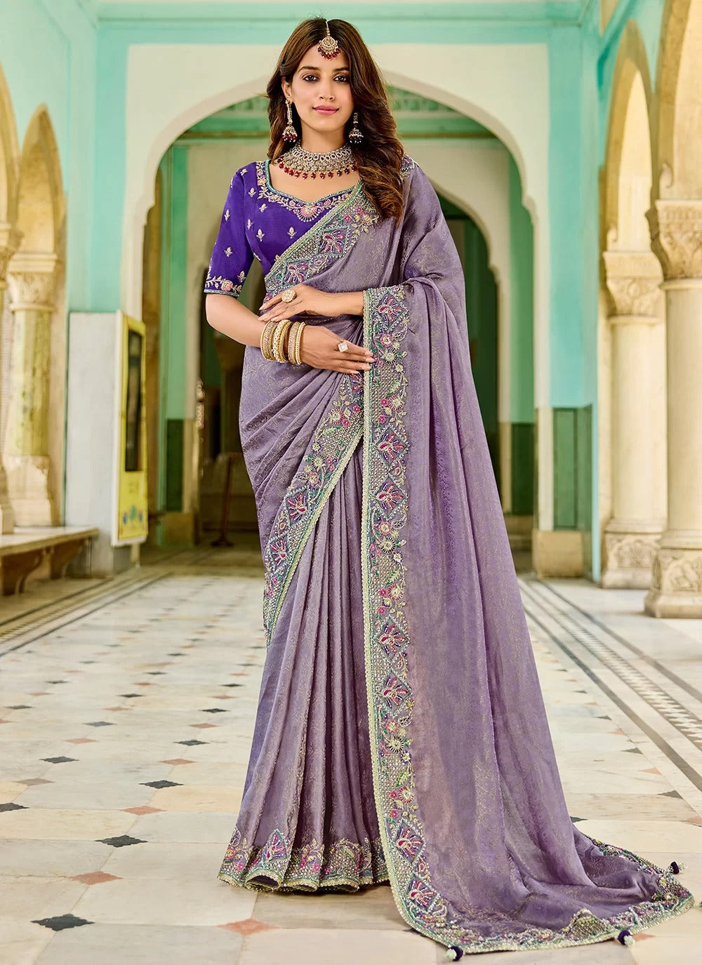 Designer Silk Saree for Wedding | Lavender Bead Work Saree