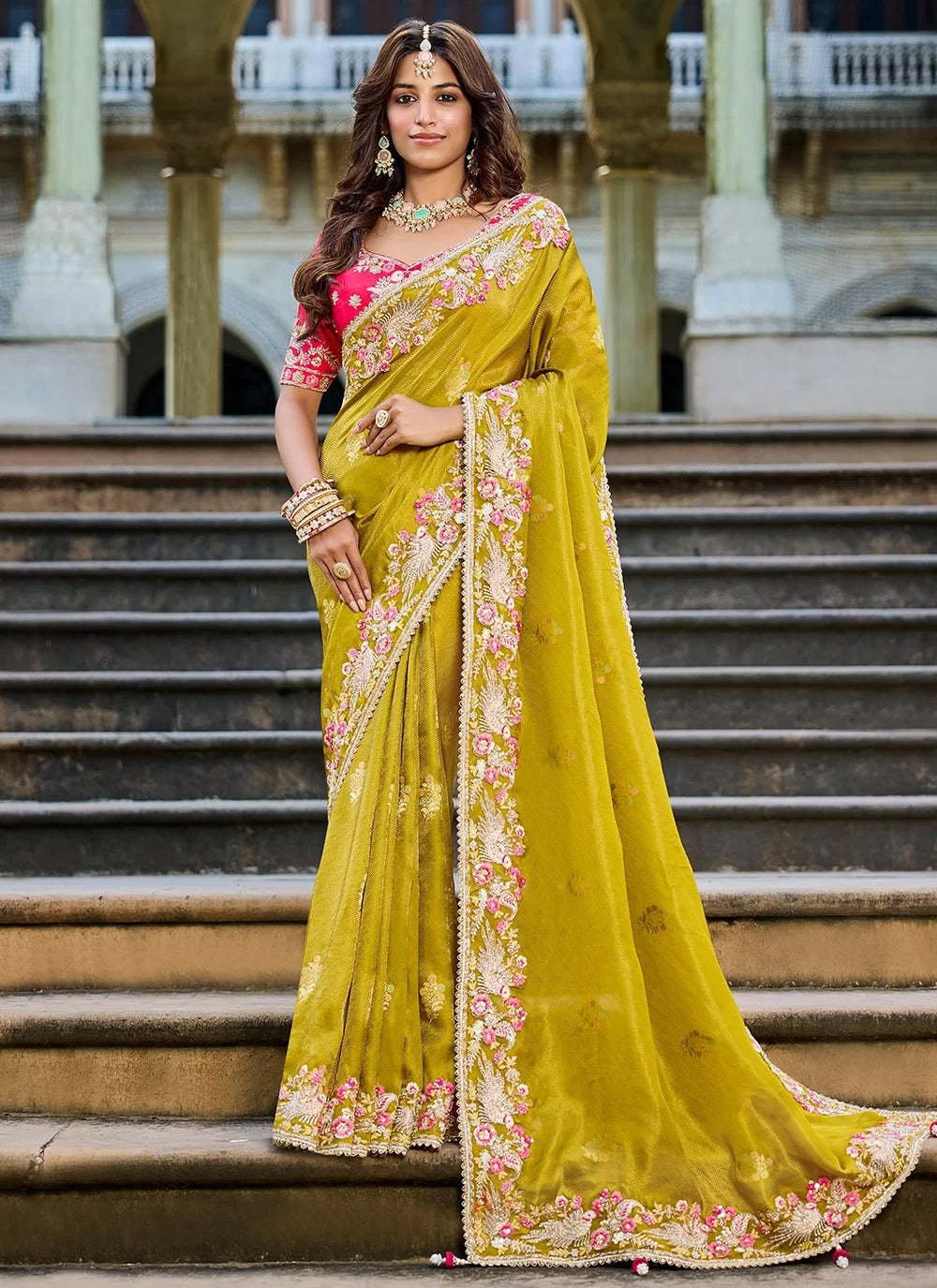 Luminous Mustard Yellow Silk Saree with Floral Embroidery and Pink Blouse