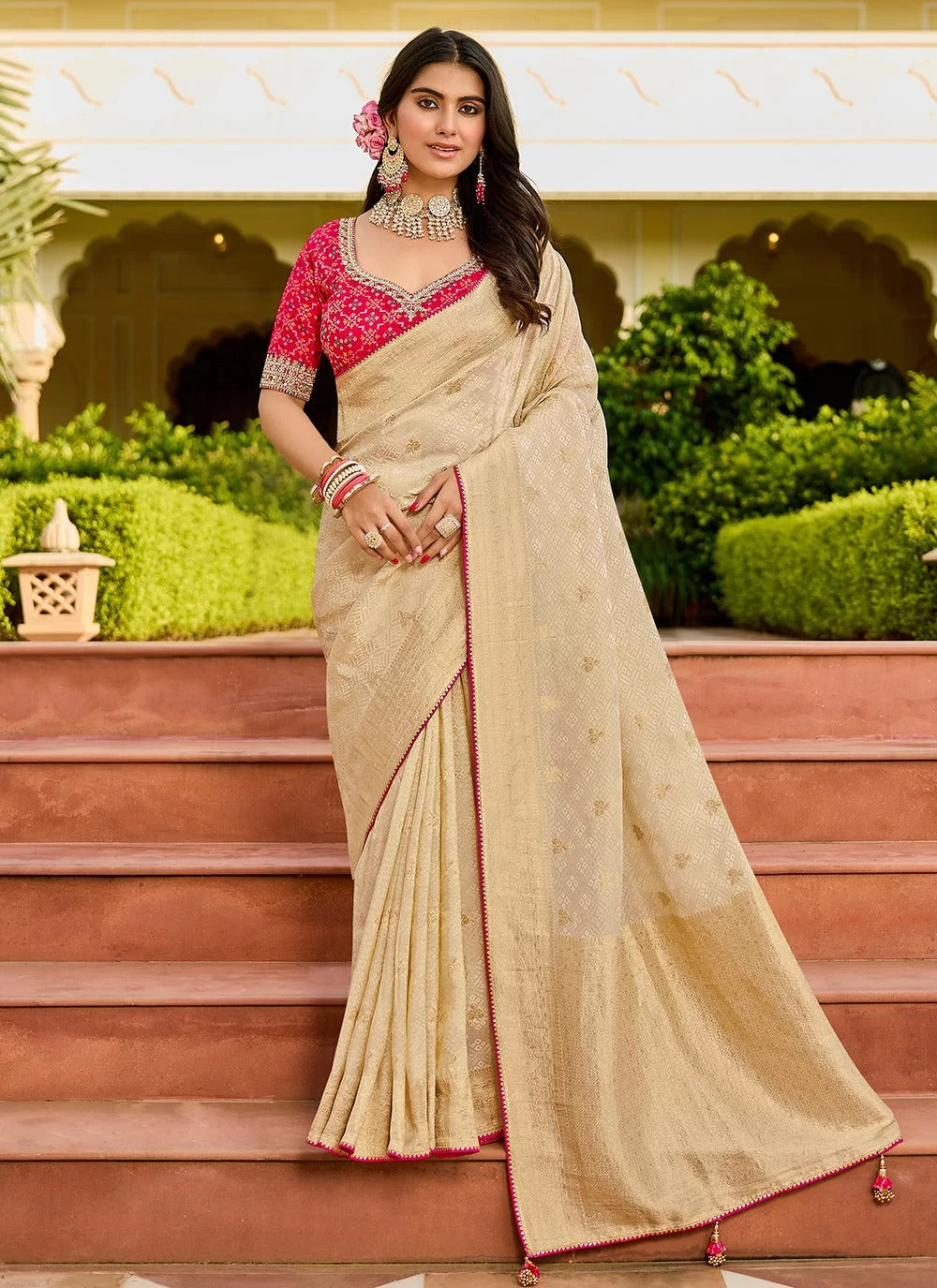 Premium Beige Saree with Pink Embroidered Blouse