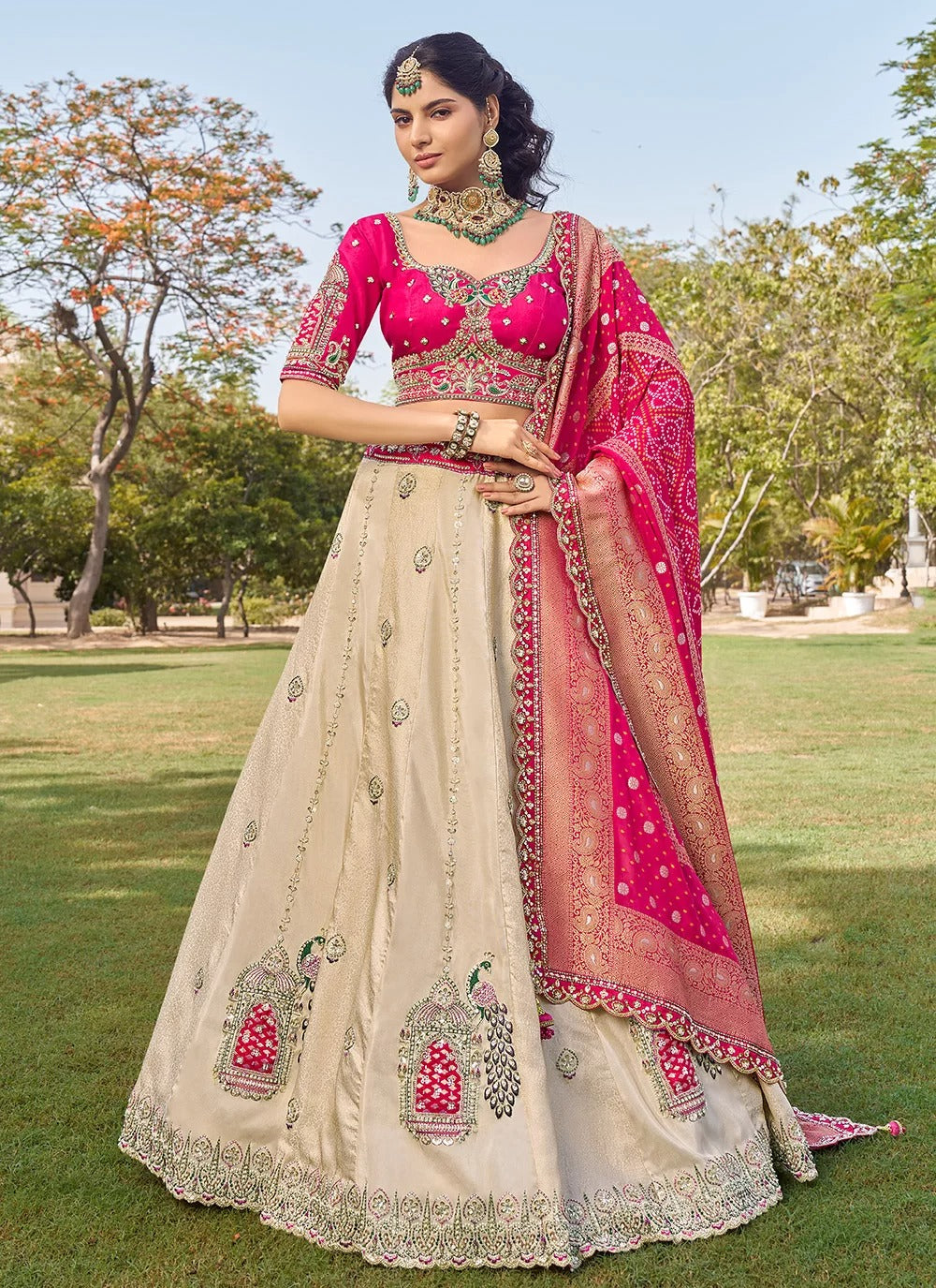 Graceful Beige Tissue Lehenga Choli with Heavy Bead Work