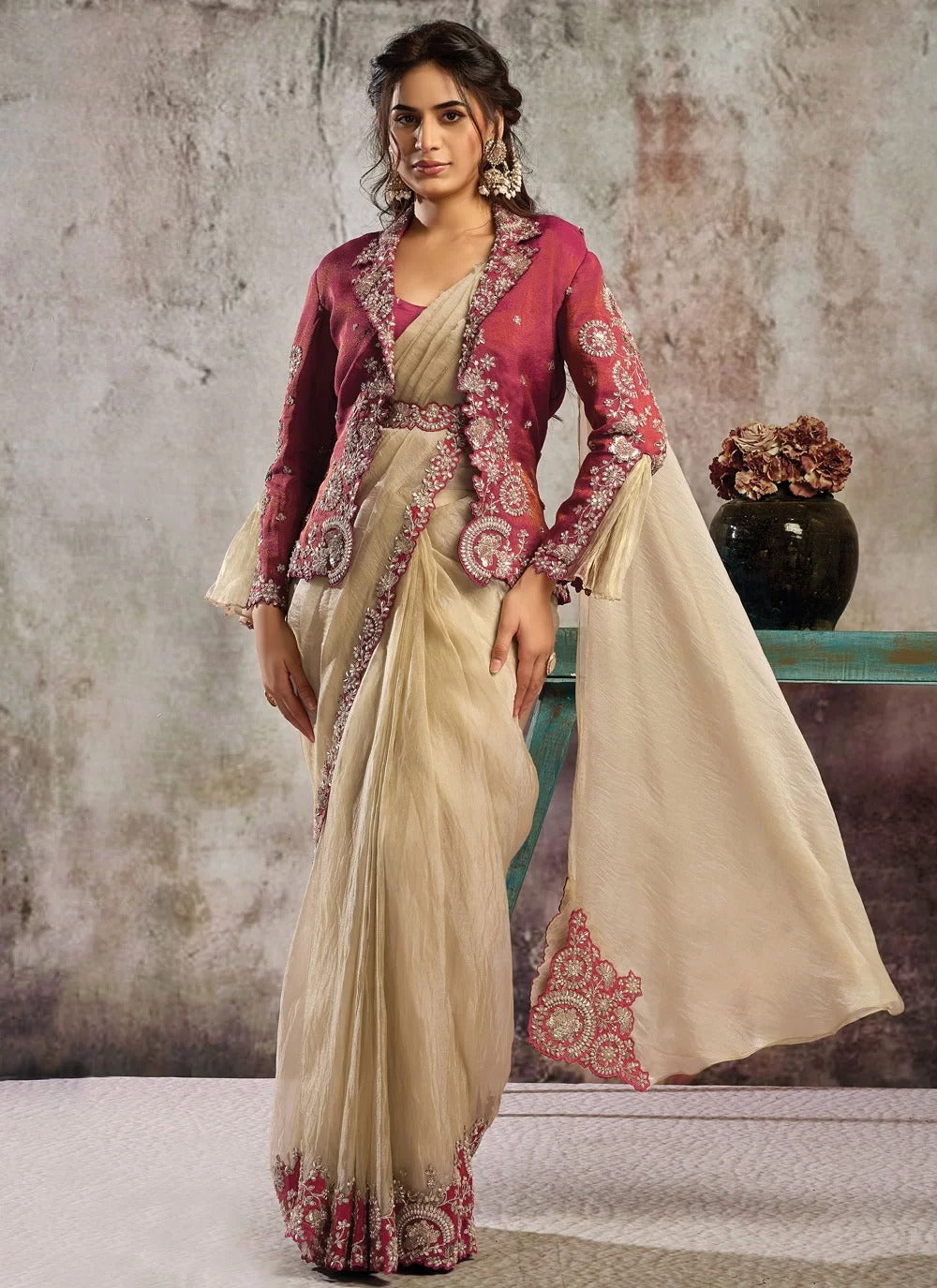 Golden Red Crystal Organza Satin Ready To Wear Party Saree with Stone Work